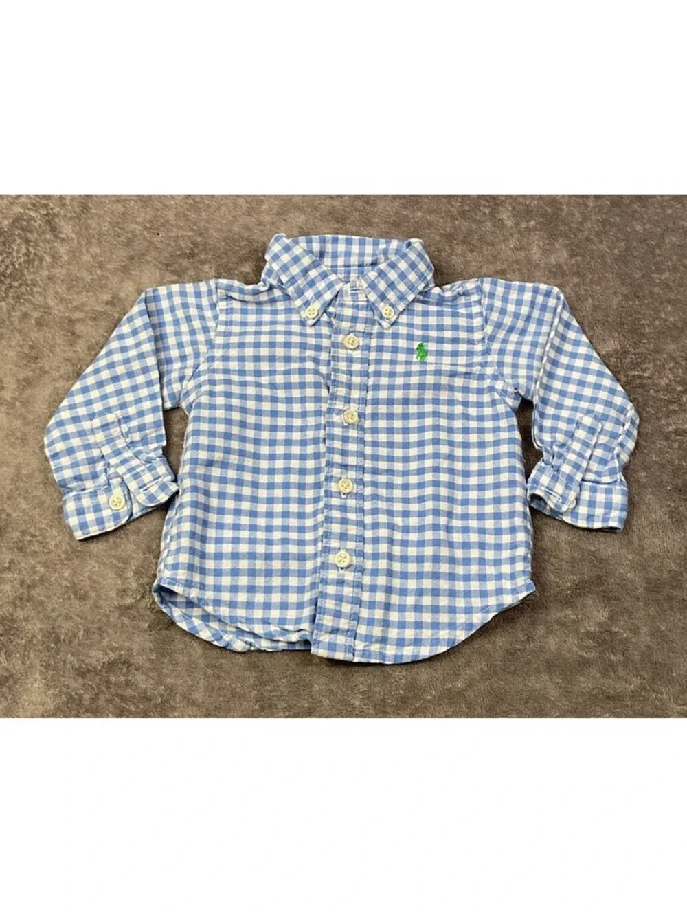 Ralph Lauren Baby Boys 3M Blue White Gingham Button Down Shirt Pony Logo 100% Co